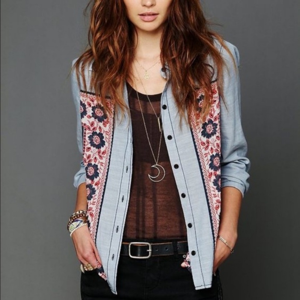 Free people Chambray Banadana Inset Button Down